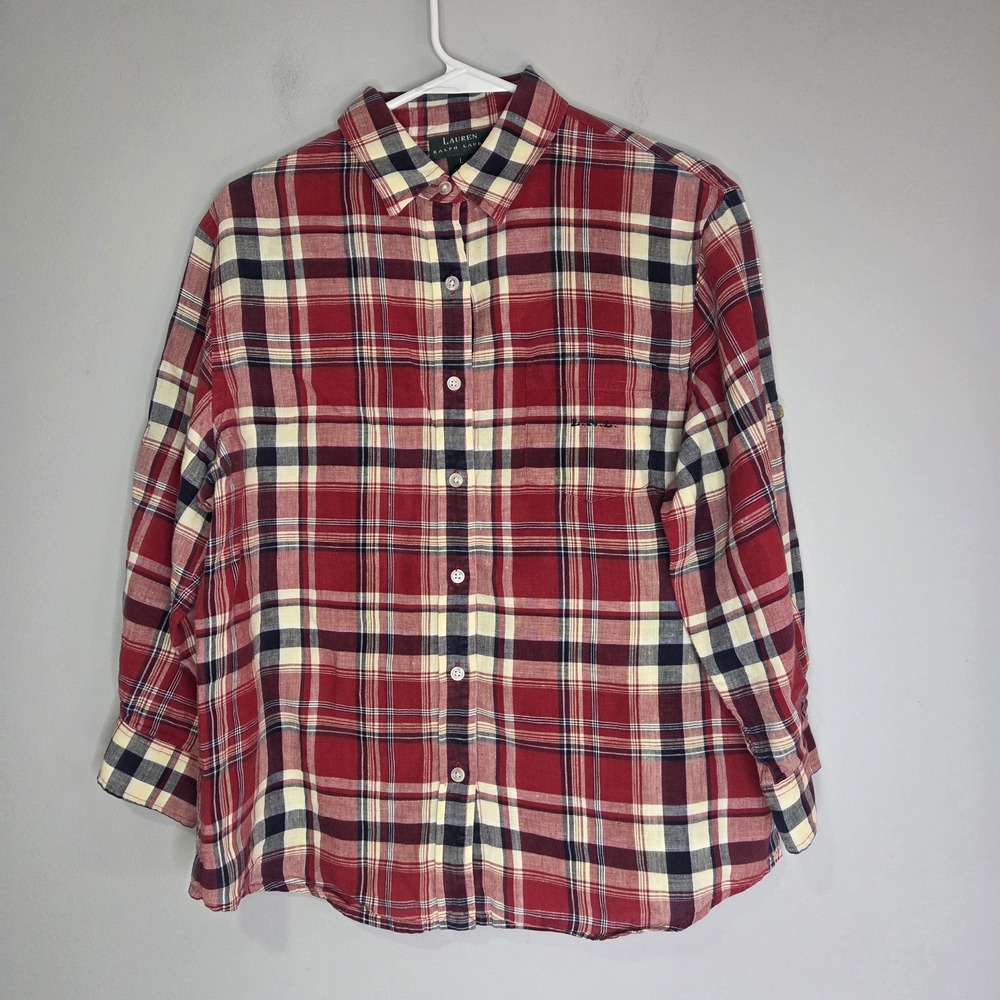 Lauren Ralph Lauren Flannel Womens L Red‎ Plaid Roll Tab Sleeve Button Up Linen
